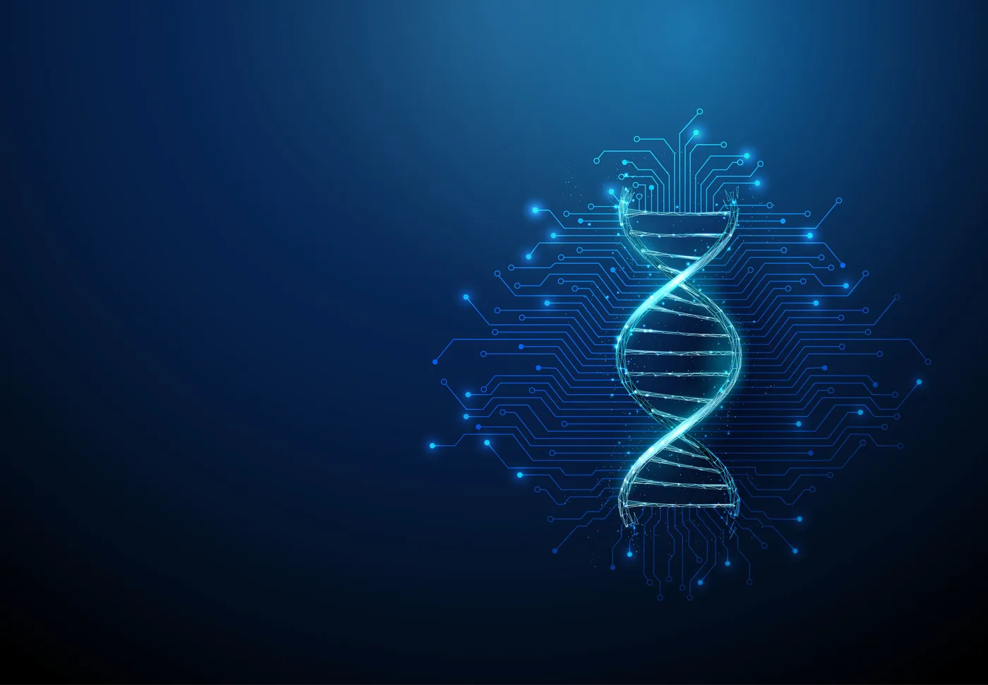 Futuristischer DNA-Strang mit elektronischen Schaltlinien Hintergrund Gentechnik Futuristischer DNA-Strang mit elektronischen Schaltlinien Hintergrund Gentechnik