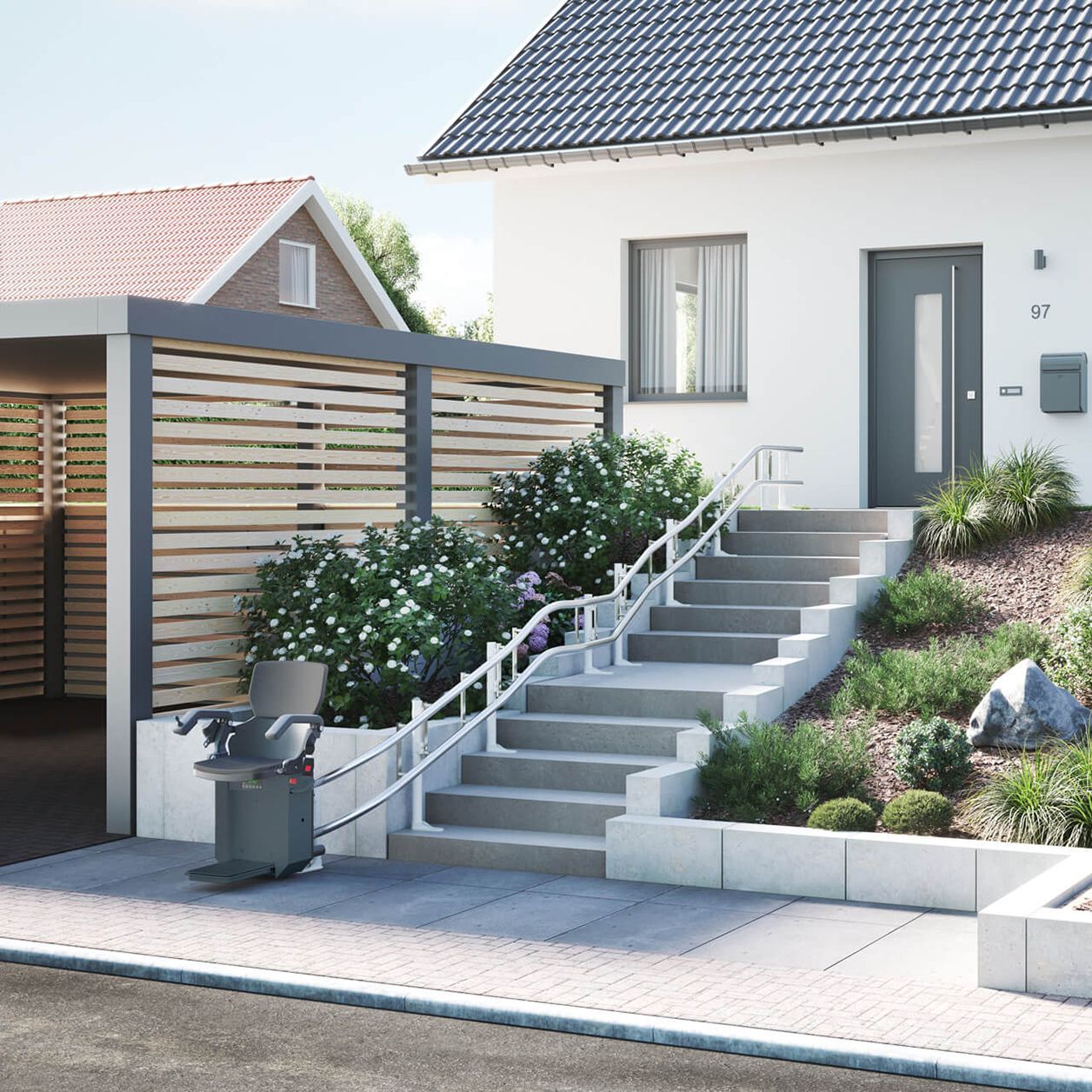 Modernes Einfamilienhaus mit weißer Fassade und Gartentreppe – hiro