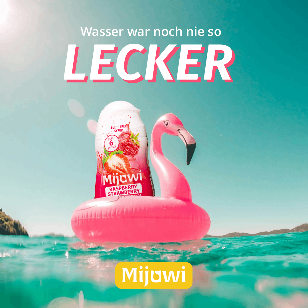 Mijowi Produktwerbung – rosa Flamingo und Getränkeflasche