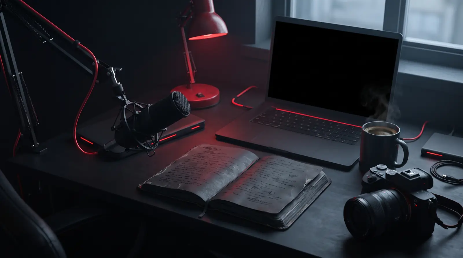Dunkler Arbeitsplatz für Inhalte mit Notizbuch, Mikrofon, Kamera, Laptop und dampfender Kaffeetasse unter einer roten Lampe