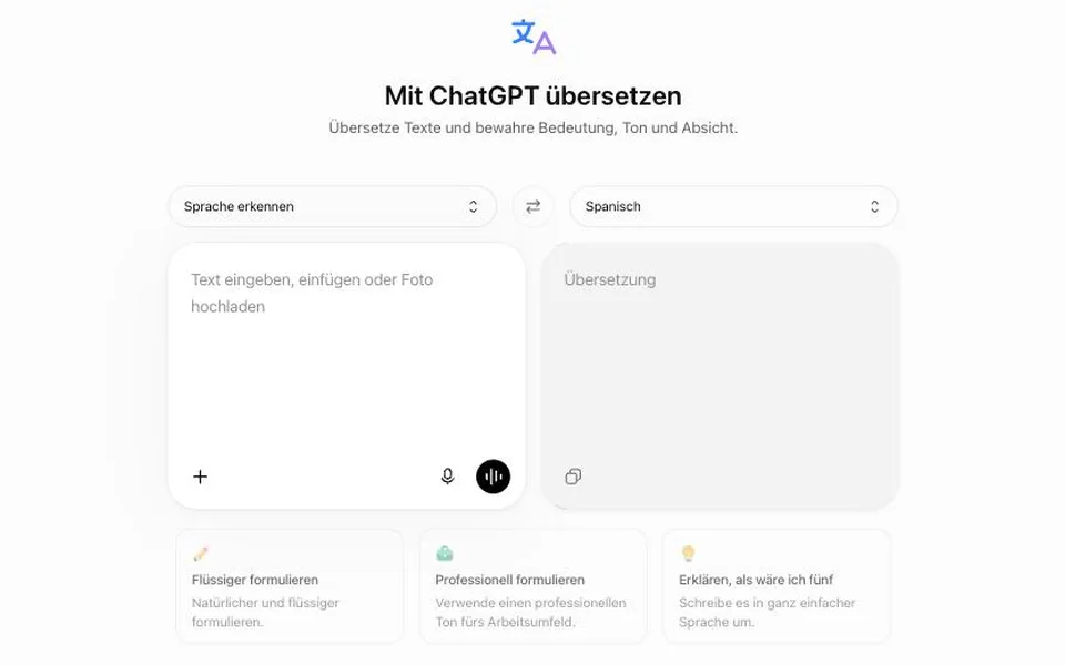 Die Übersetzungsoberfläche ChatGPT Translate mit Knöpfen wie „Flüssiger formulieren“ und „Professionell formulieren“