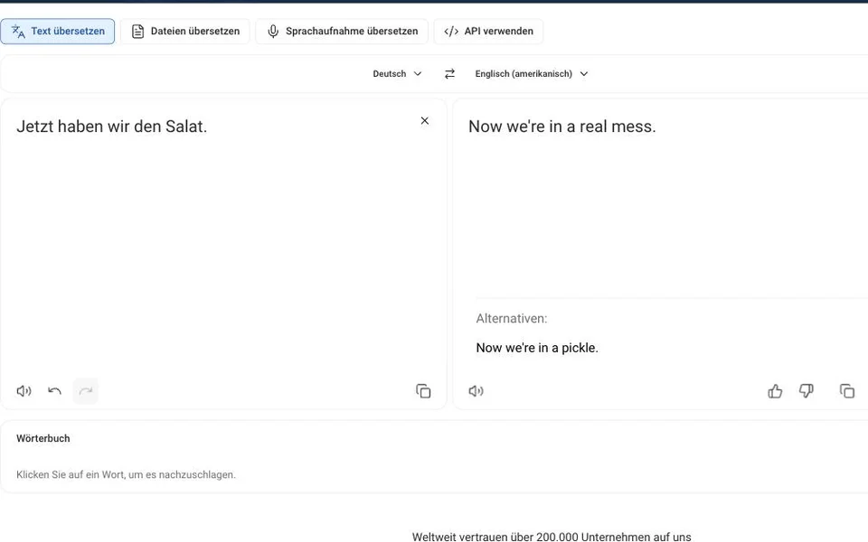 DeepL übersetzt „Jetzt haben wir den Salat.“ mit „Now we're in a real mess.“ und schlägt „Now we're in a pickle.“ als Alternative vor