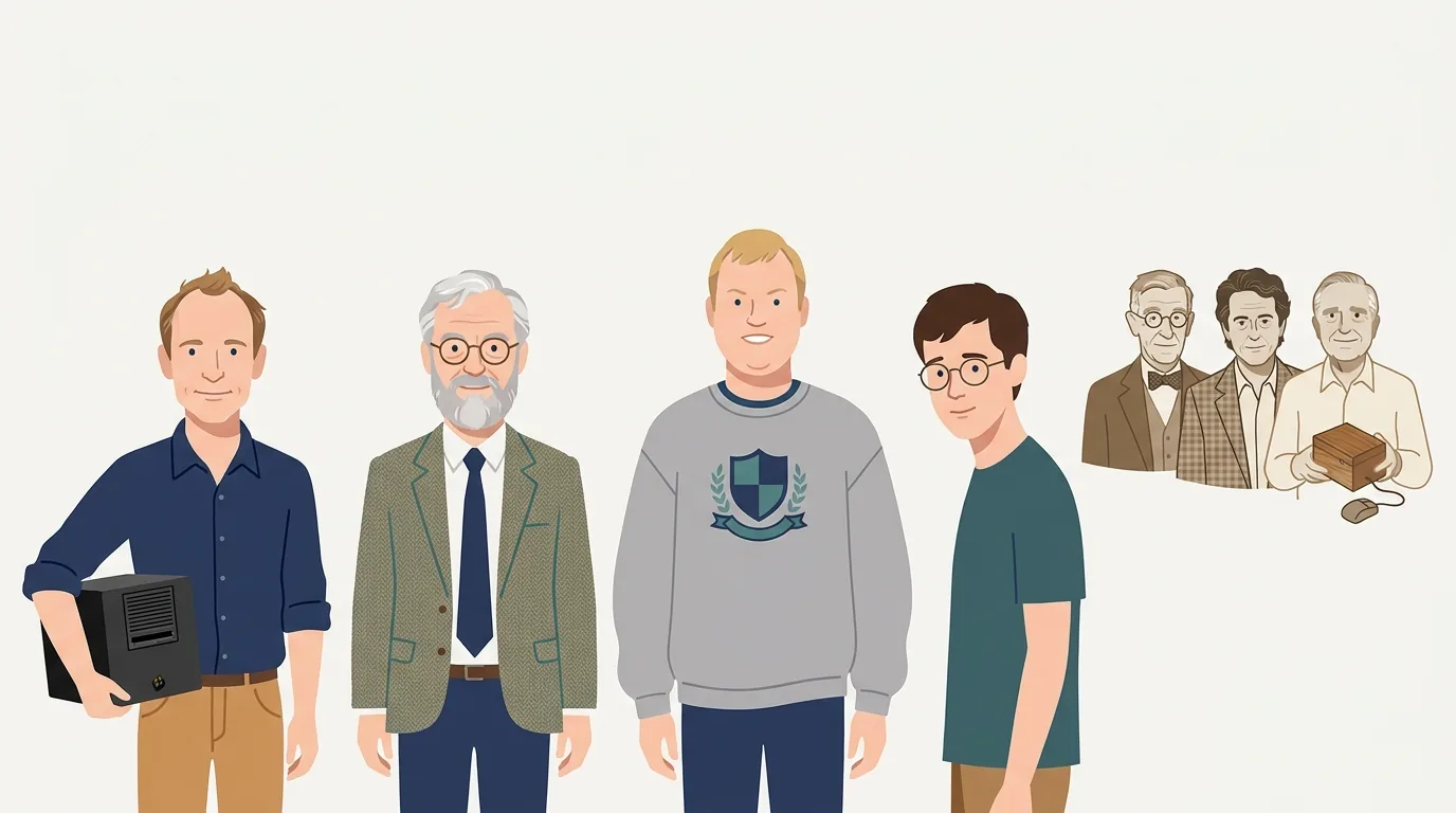 Illustration: Tim Berners-Lee mit dem NeXT-Rechner, Robert Cailliau, Marc Andreessen und Eric Bina, dahinter Vannevar Bush, Ted Nelson und Douglas Engelbart mit der ersten Maus