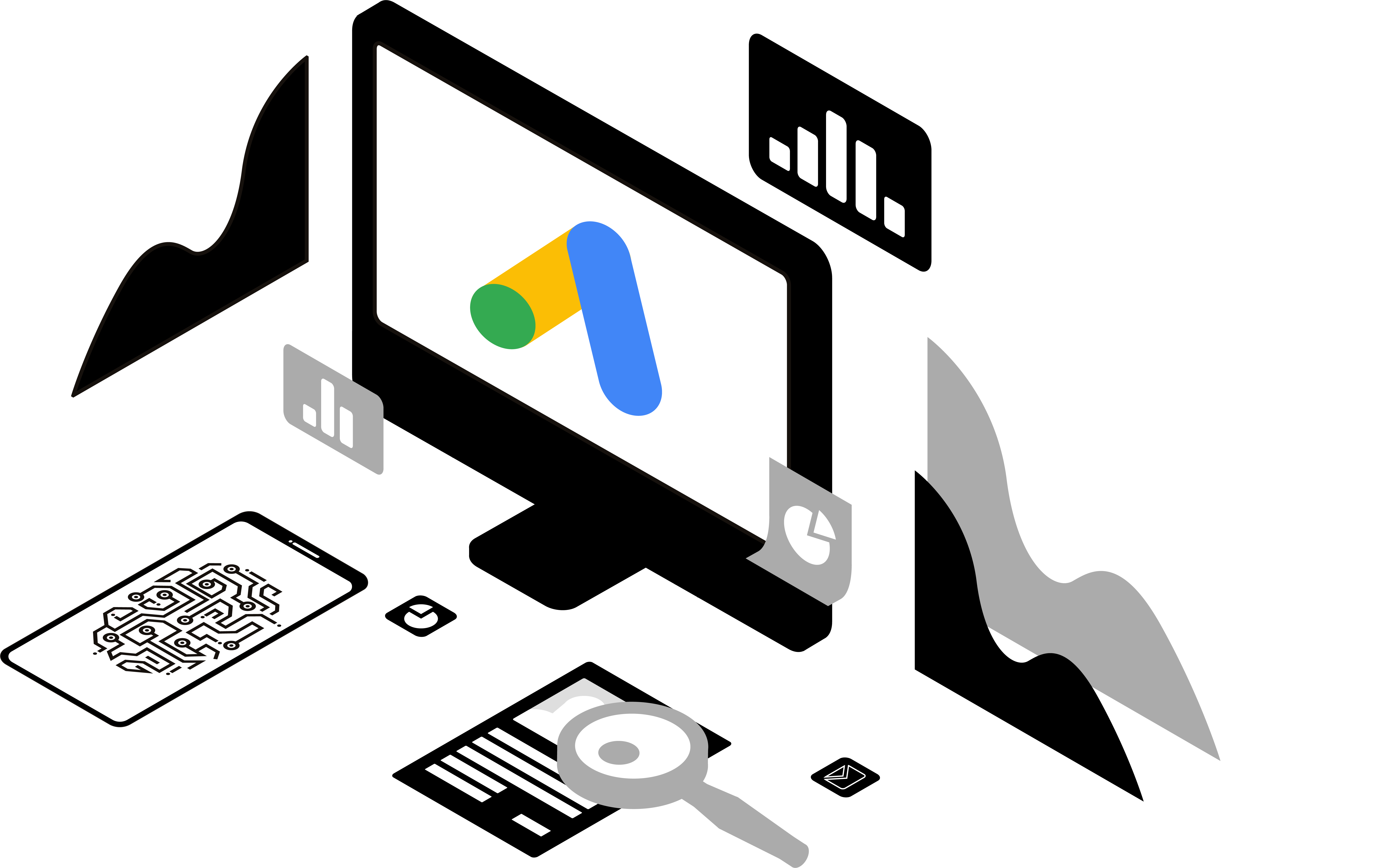 Google Ads Automatisierung PC mit Google Ads Logo. Daneben Statistiken, Checklisten, Smartphone, Lupe und andere Symbole.