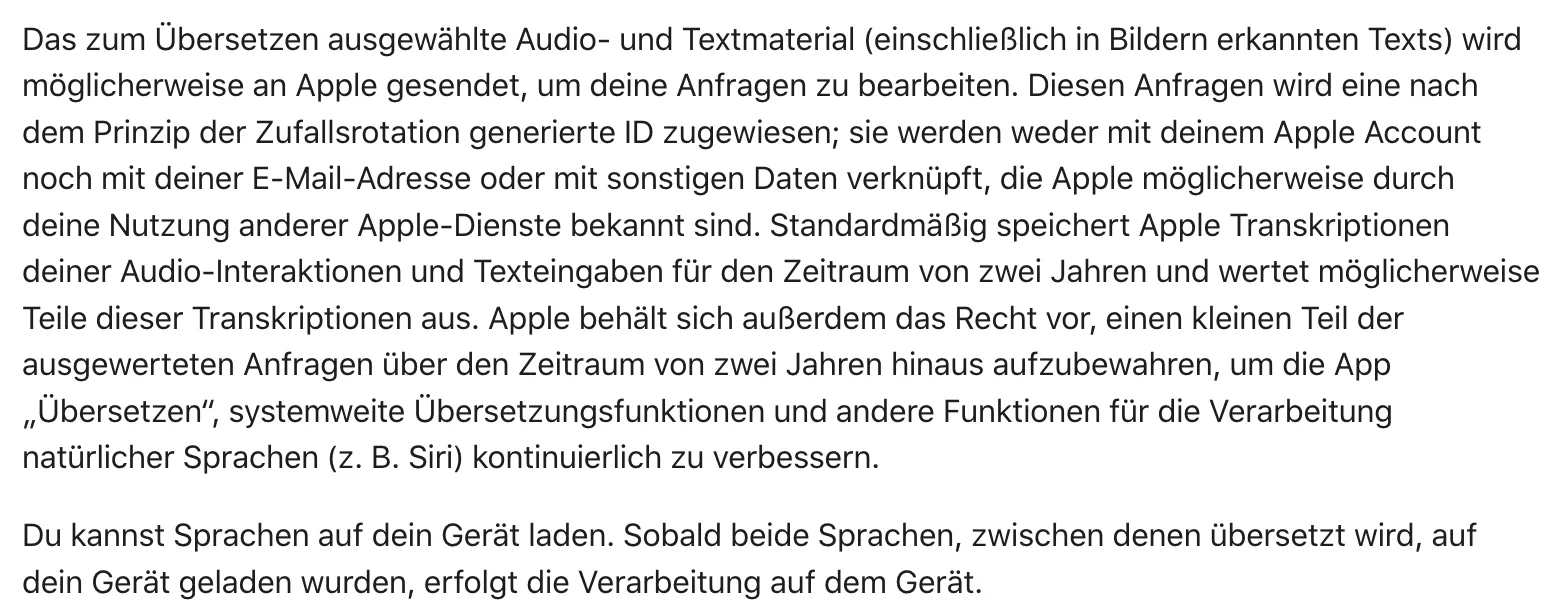 Apples Datenschutzseite „Übersetzen“: Text und Ton werden möglicherweise an Apple gesendet, zufällige ID, Speicherung von Transkriptionen zwei Jahre; mit geladenen Sprachen Verarbeitung auf dem Gerät