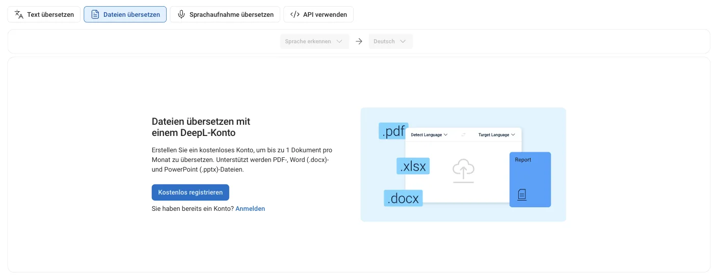 Reiter „Dateien übersetzen“ ohne Konto: Hinweis, dass ein kostenloses Konto bis zu 1 Dokument pro Monat erlaubt, unterstützt werden PDF, Word und PowerPoint