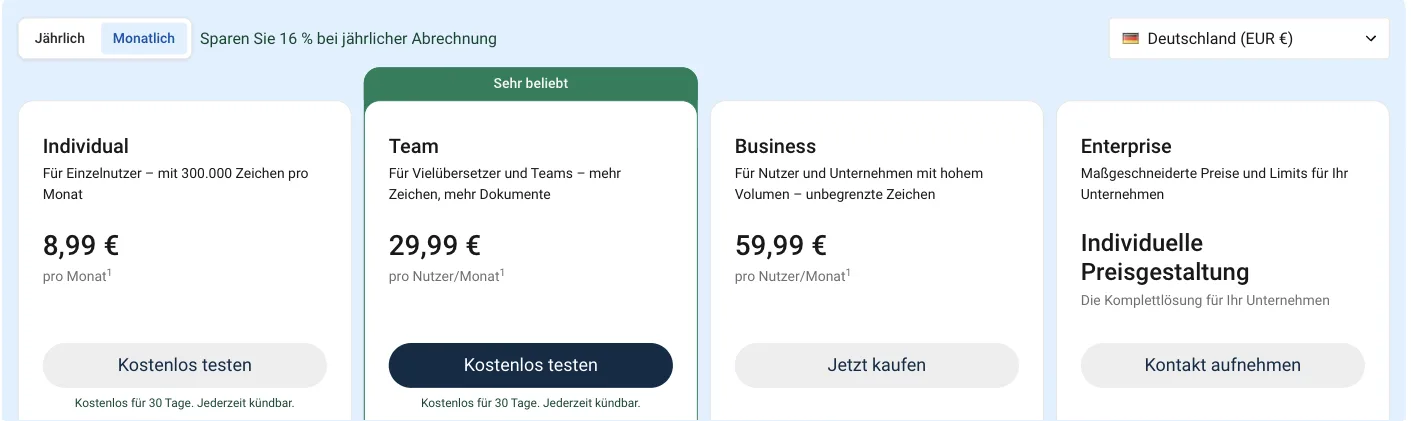 DeepL-Preisseite, monatliche Abrechnung: Individual 8,99 €, Team 29,99 €, Business 59,99 €