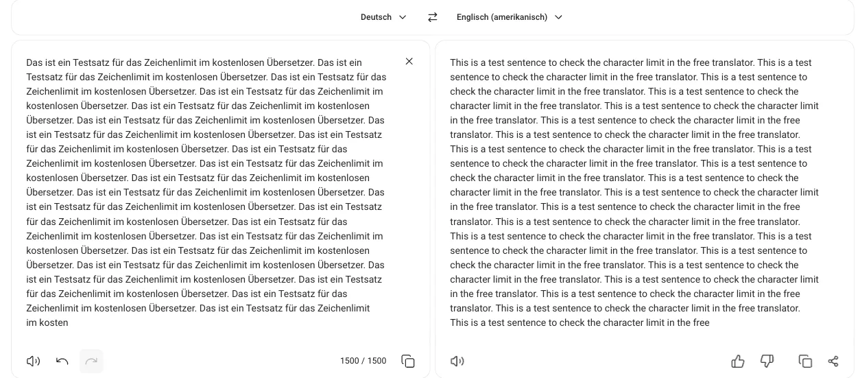 Kostenloser Web-Übersetzer mit langem Testtext: Die Eingabe bricht nach „im kosten“ ab, der Zähler zeigt 1500 / 1500