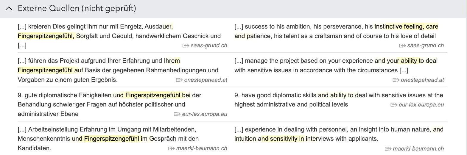 Linguee, Bereich „Externe Quellen (nicht geprüft)“ zu „Fingerspitzengefühl“: vier Satzpaare mit Übersetzungen wie „instinctive feeling“, „ability to deal with sensitive issues“ und „intuition and sensitivity“, jeweils mit Quelldomain