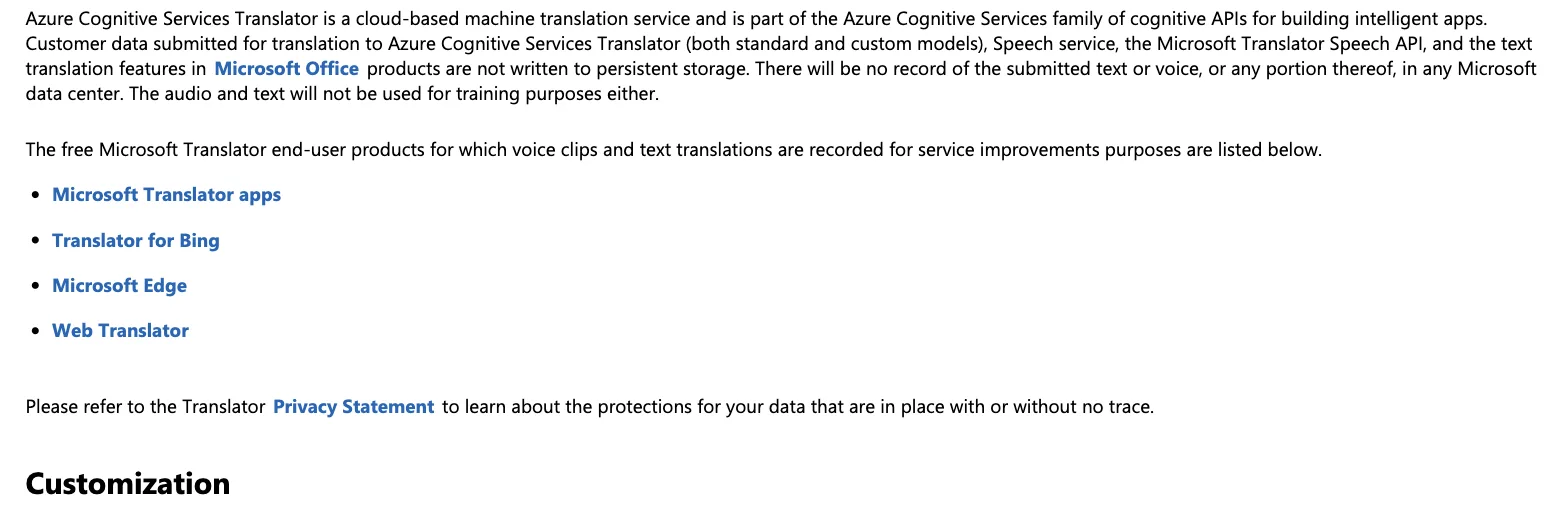 Abschnitt „No Trace“ der Microsoft-Seite: Office-Übersetzung ohne dauerhafte Speicherung; Liste der kostenlosen Produkte, deren Texte zur Verbesserung aufgezeichnet werden: Microsoft Translator apps, Translator for Bing, Microsoft Edge, Web Translator