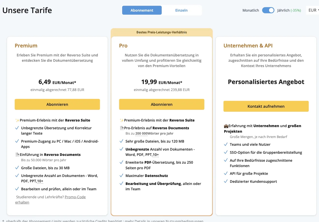 Reverso-Tarife bei jährlicher Zahlung: Premium 6,49 EUR/Monat (77,88 EUR), Pro 19,99 EUR/Monat (239,88 EUR), Unternehmen & API mit personalisiertem Angebot; Leistungen je Tarif