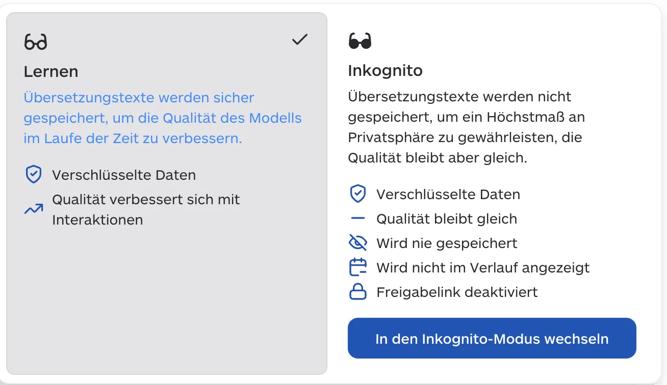 Lara Übersetzer, Infofenster zum Datenmodus: links „Lernen“ (ausgewählt): Übersetzungstexte werden sicher gespeichert, um die Qualität des Modells zu verbessern; rechts „Inkognito“: Übersetzungstexte werden nicht gespeichert, Freigabelink deaktiviert