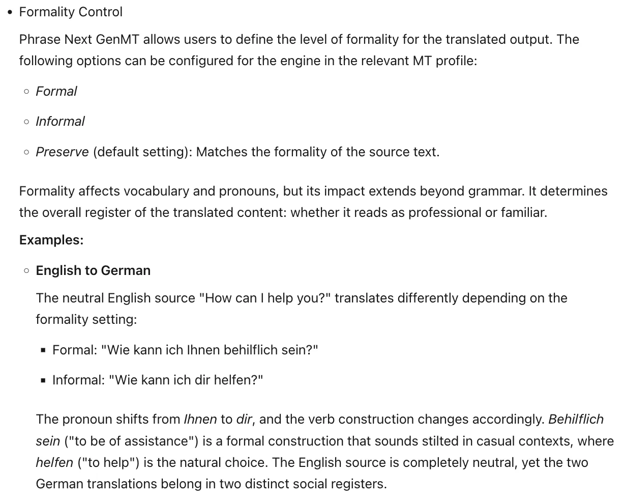 Phrase-Hilfe zu Next GenMT: Förmlichkeit Formal, Informal oder Preserve; Beispiel „How can I help you?“ wird zu „Wie kann ich Ihnen behilflich sein?“ oder „Wie kann ich dir helfen?“