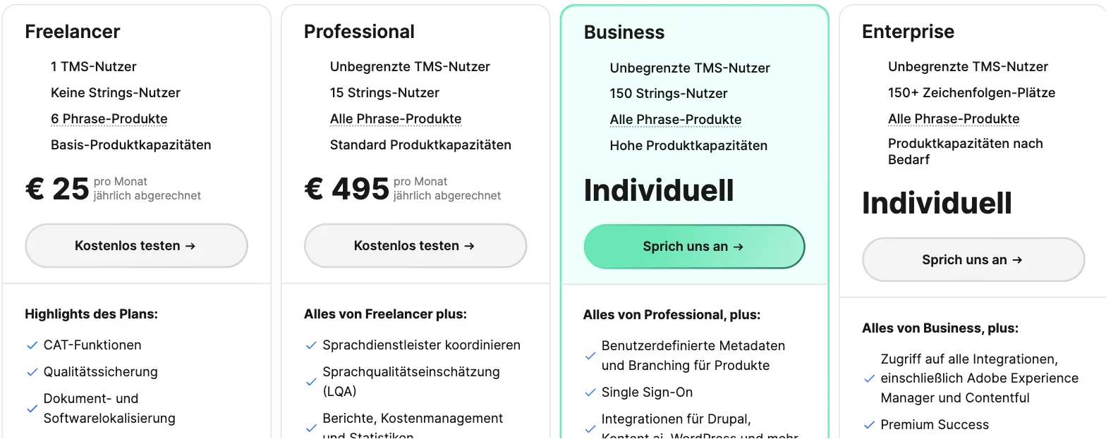 Phrase Preisseite, Pläne für Freelancer und Übersetzungsbüros: Freelancer 25 €, Professional 495 € pro Monat, Business und Enterprise individuell